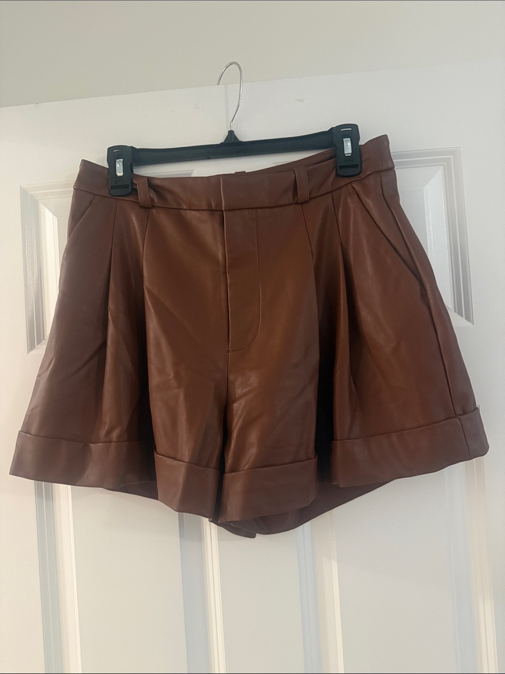 Anthropologie Maeve High-Waist Faux Leather Pleated Women's Shorts in Brown
